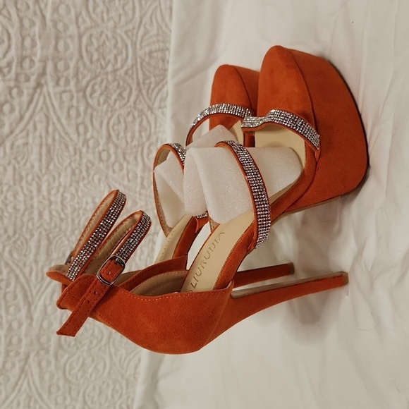 New! Orange rhinestone stiletto heels shoes high platform strappy party dress - Picture 4 of 16